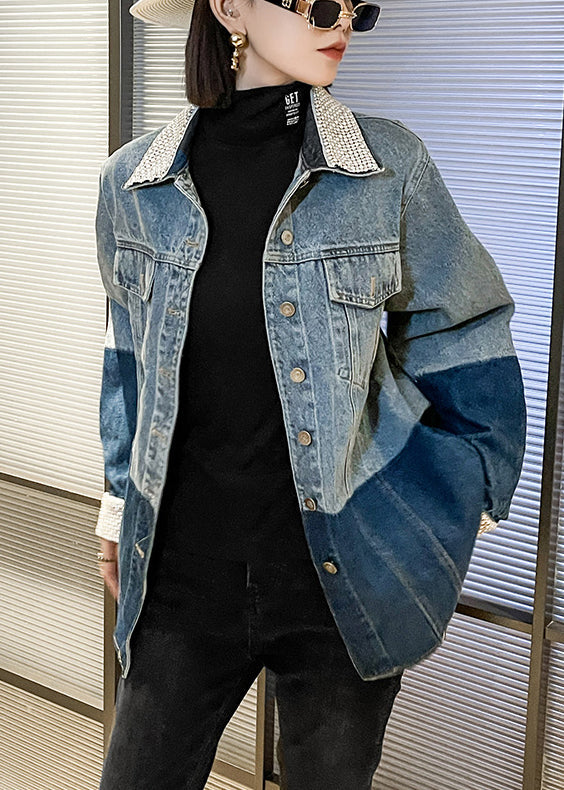 Drune | Blaue Peter Pan Kragen Knopf Patchwork Denim Mäntel Lange Ärmel