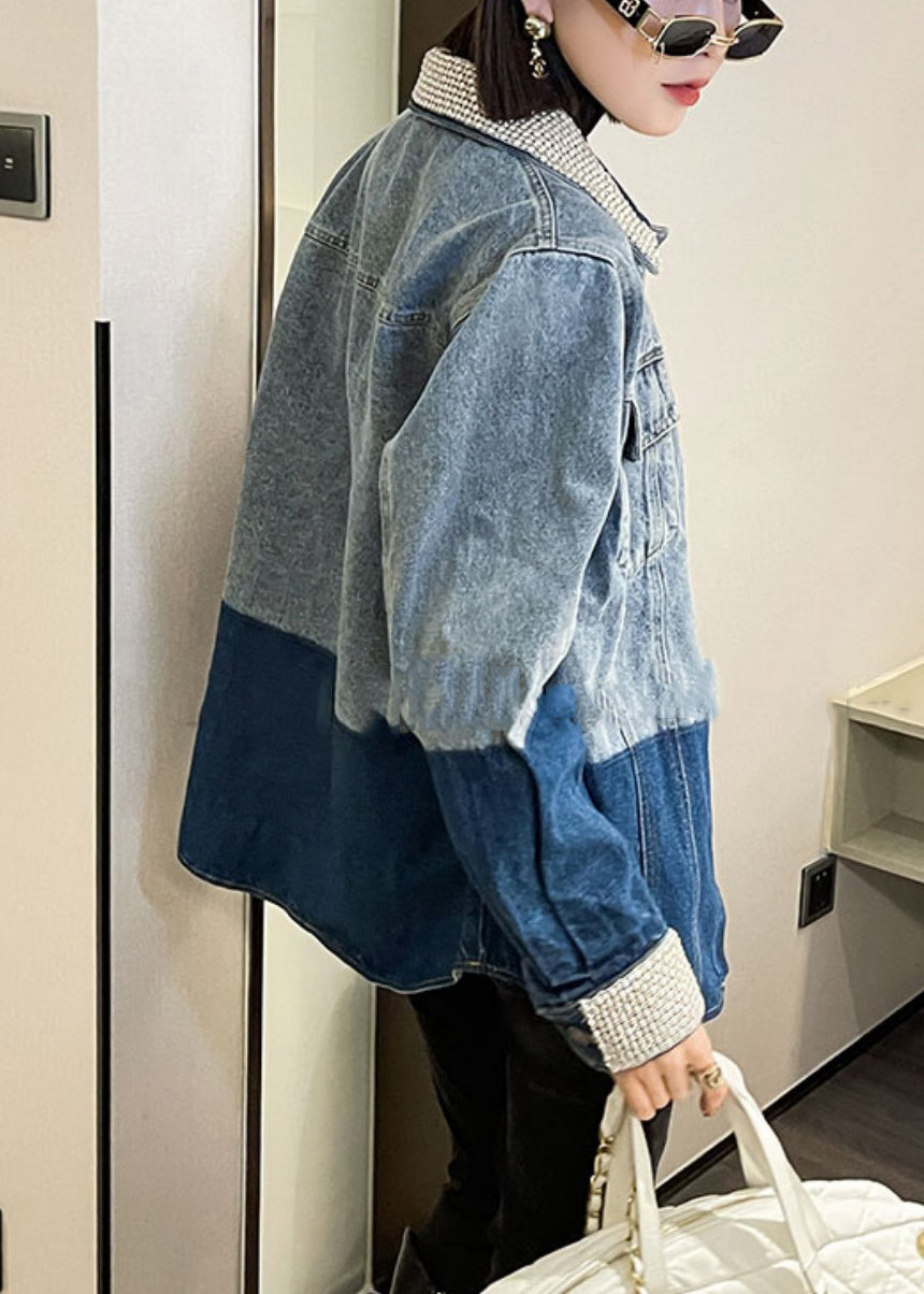 Drune | Blaue Peter Pan Kragen Knopf Patchwork Denim Mäntel Lange Ärmel