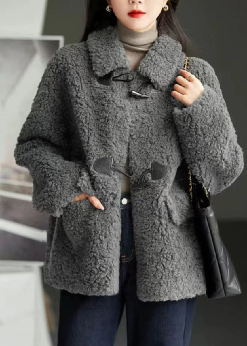 Drune | Grauer Peter-Pan-Kragen Taschen Patchwork Wollmäntel Winter