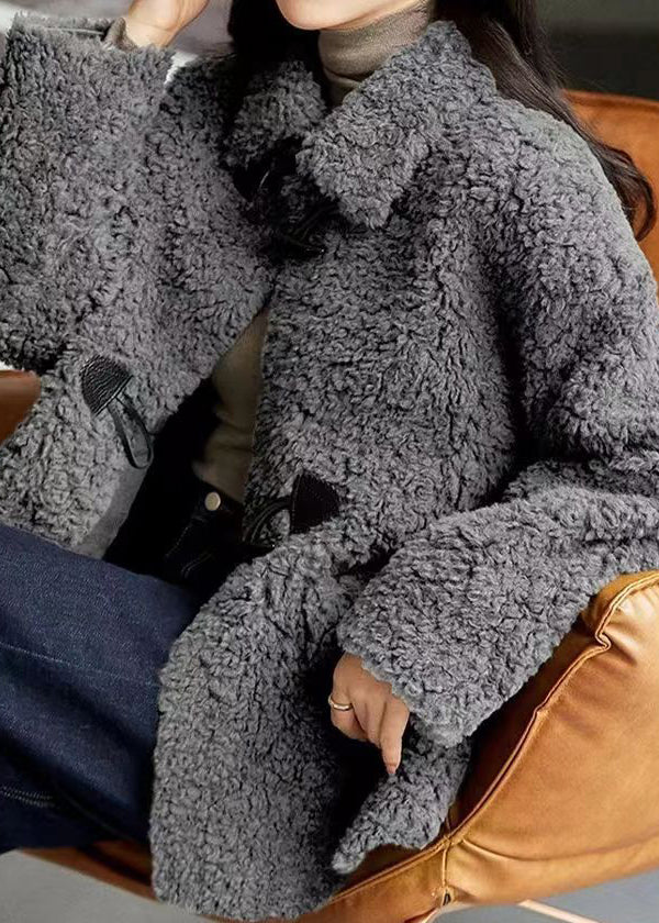 Drune | Grauer Peter-Pan-Kragen Taschen Patchwork Wollmäntel Winter