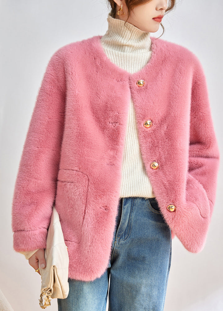 Drune | Pink O-Ausschnitt Taschen Knopf Kunstpelz Jacken Winter