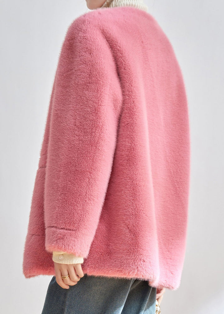 Drune | Pink O-Ausschnitt Taschen Knopf Kunstpelz Jacken Winter