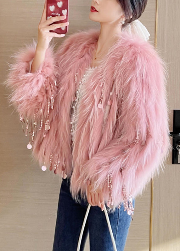 Drune | Pinke Pailletten Quaste Leder und Pelzmäntel Winter