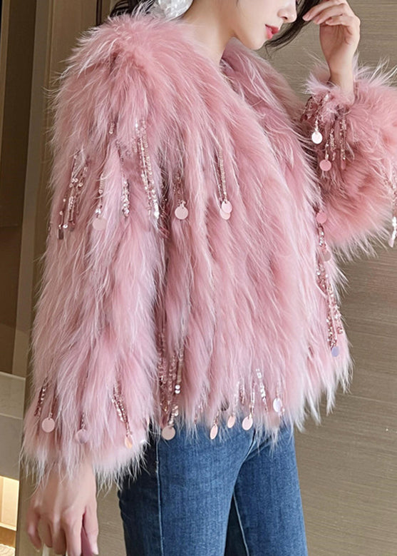 Drune | Pinke Pailletten Quaste Leder und Pelzmäntel Winter