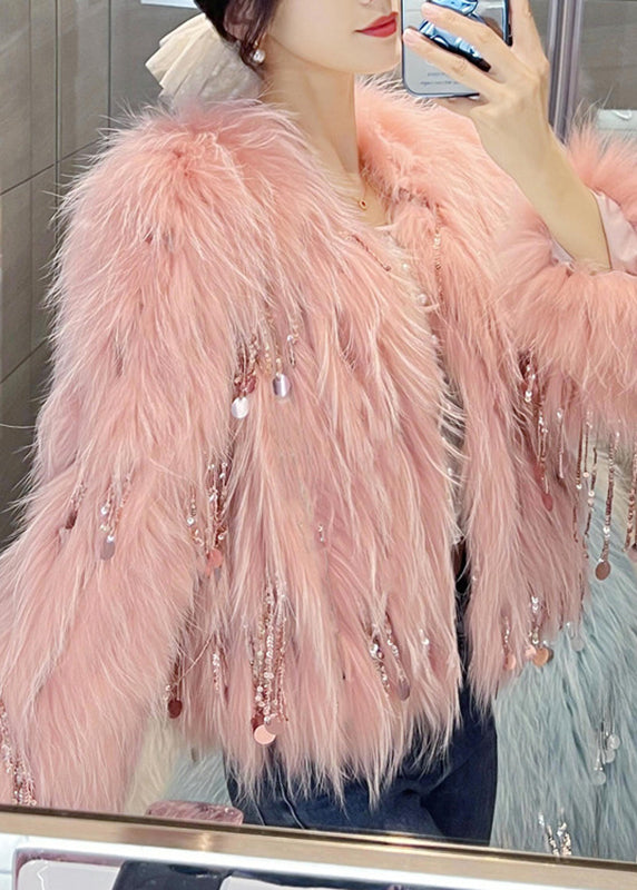 Drune | Pinke Pailletten Quaste Leder und Pelzmäntel Winter