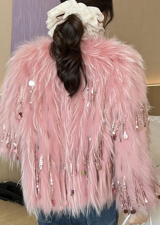 Drune | Pinke Pailletten Quaste Leder und Pelzmäntel Winter