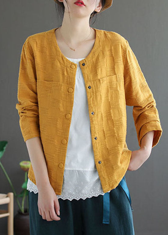 Drune | Gelber Knopf O-Ausschnitt Jacquard Mäntel Lange Ärmel