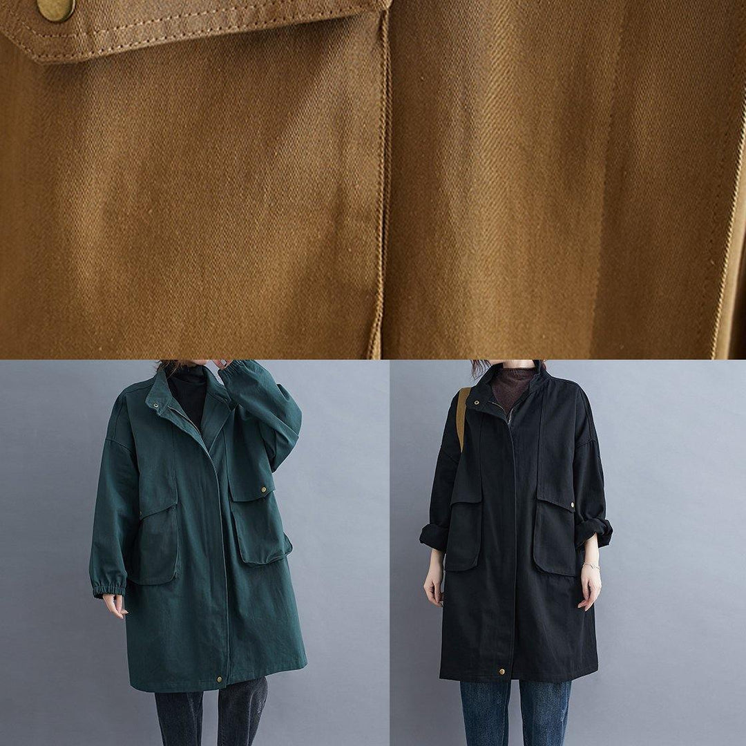 Drune | schwarze feine Mäntel Damen Blusen Ausschnitt Stehkragen große Taschen Oberbekleidung