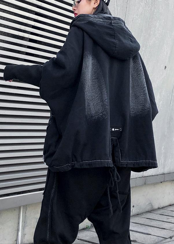 Drune | Denim Schwarz Plus Size für Frauen Nähen Reißverschluss Patchwork Mäntel