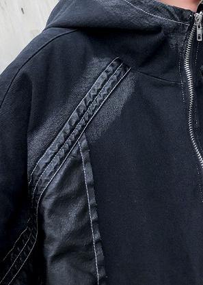 Drune | Denim Schwarz Plus Size für Frauen Nähen Reißverschluss Patchwork Mäntel