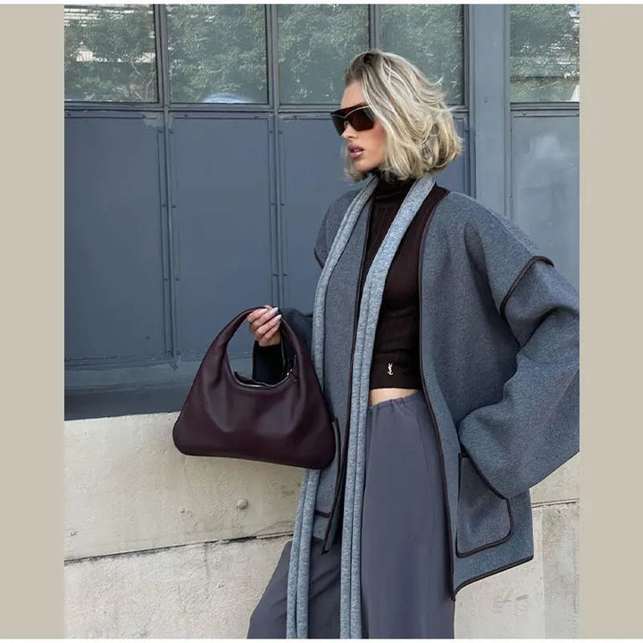 Drune | Damen Wolljacke mit V-Ausschnitt und Gürtelverschluss
