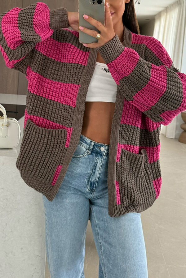 Drune | Damen Gestreifter Strickcardigan mit Taschen und Lockere Passform