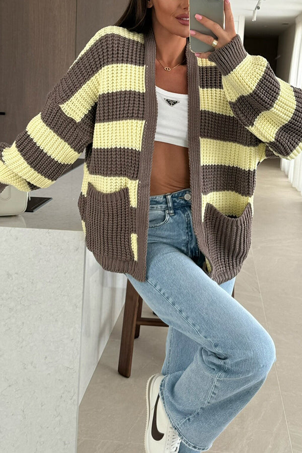 Drune | Damen Gestreifter Strickcardigan mit Taschen und Lockere Passform