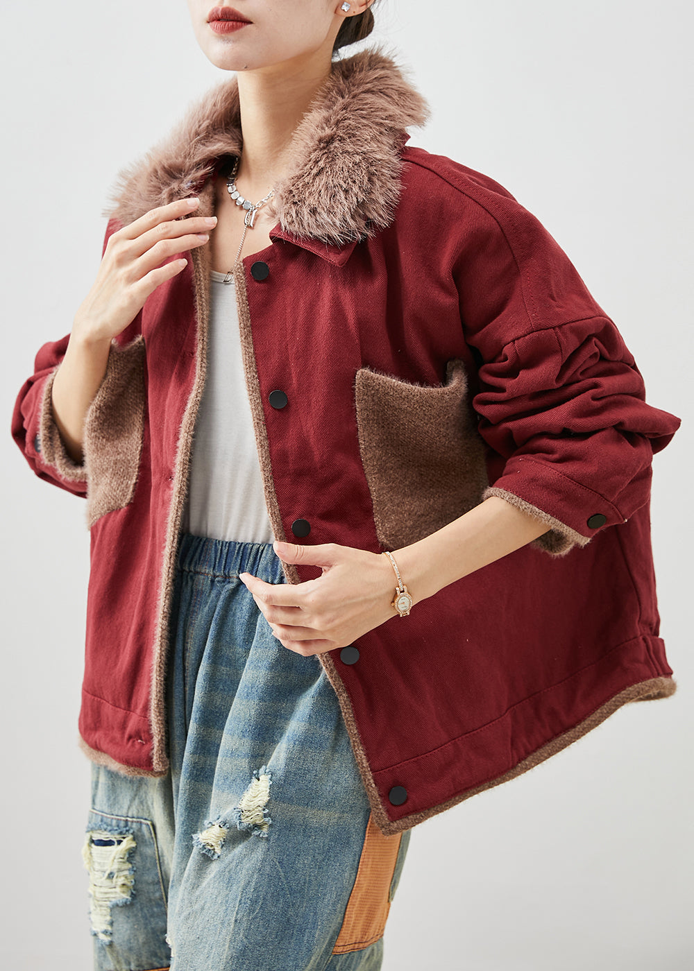 Drune | Patchwork Baumwollmäntel Pelzkragen