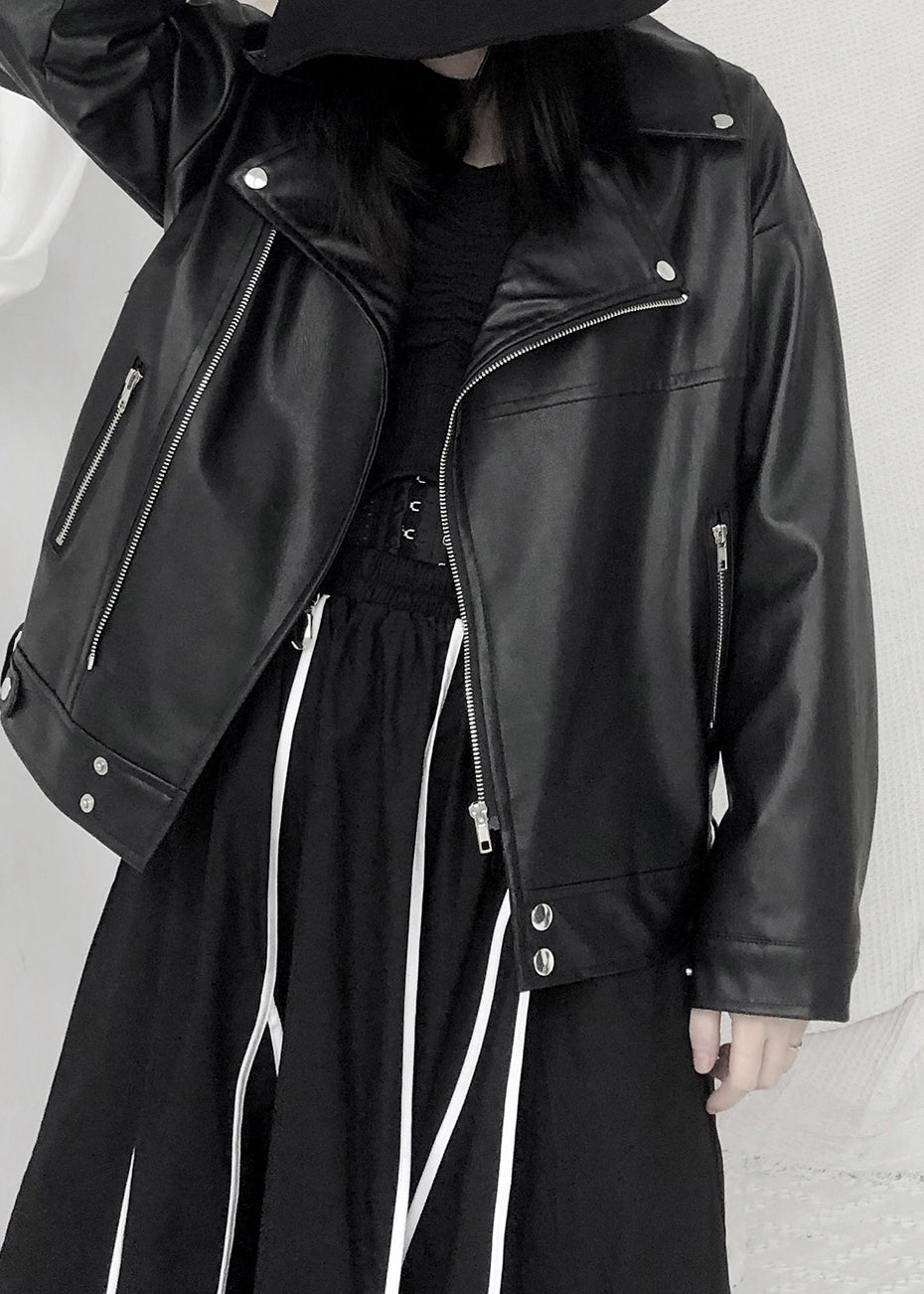 Drune | Schwarze asymmetrische Patchwork Jacken mit Reißverschlusstaschen aus Kunstleder Langarm