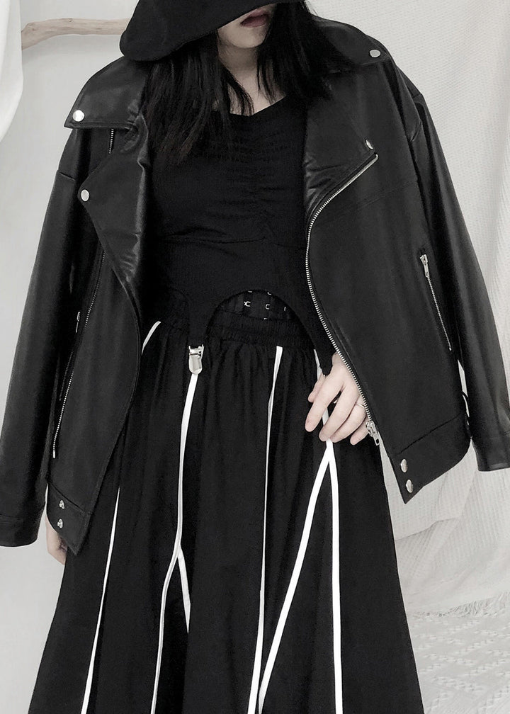 Drune | Schwarze asymmetrische Patchwork Jacken mit Reißverschlusstaschen aus Kunstleder Langarm