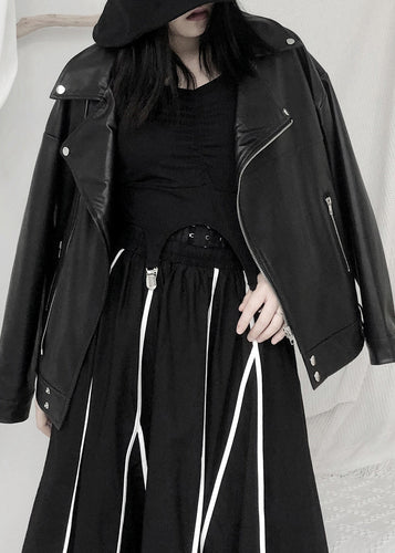 Drune | Schwarze asymmetrische Patchwork Jacken mit Reißverschlusstaschen aus Kunstleder Langarm