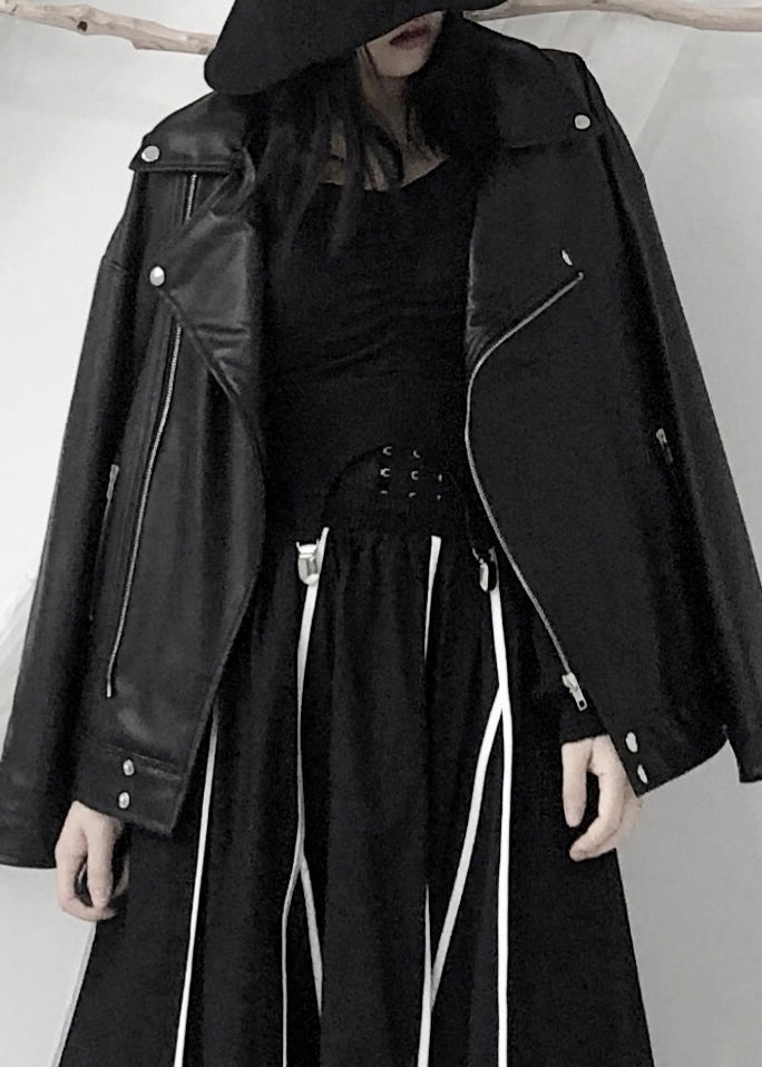 Drune | Schwarze asymmetrische Patchwork Jacken mit Reißverschlusstaschen aus Kunstleder Langarm