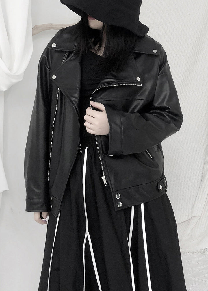 Drune | Schwarze asymmetrische Patchwork Jacken mit Reißverschlusstaschen aus Kunstleder Langarm