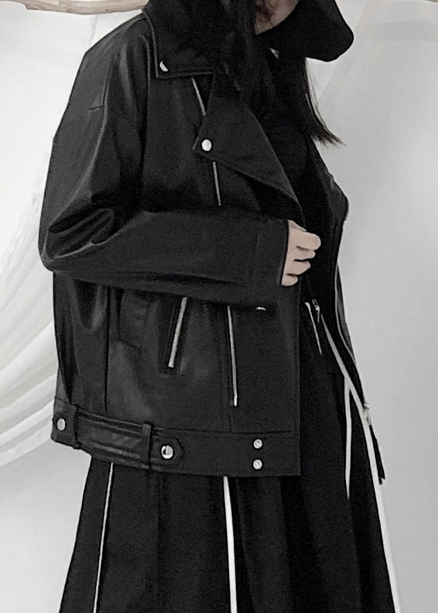 Drune | Schwarze asymmetrische Patchwork Jacken mit Reißverschlusstaschen aus Kunstleder Langarm