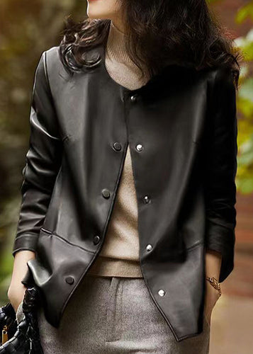Drune | Schwarze O-Ausschnitt Knopf Patchwork Schaffellmäntel Fal