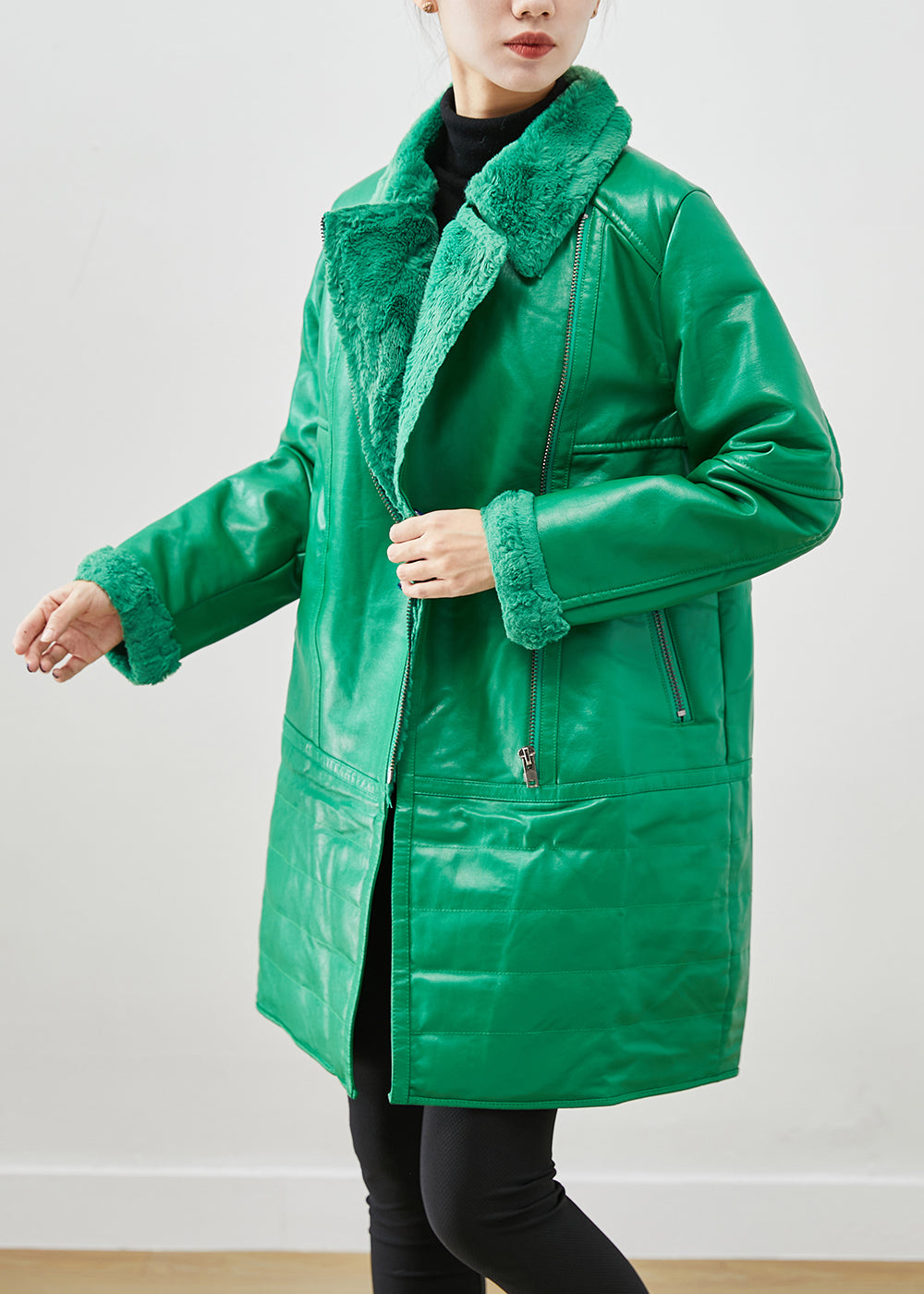 Drune | Grüne Zip-Up Patchwork Entenfedern Kunstledermäntel Winter
