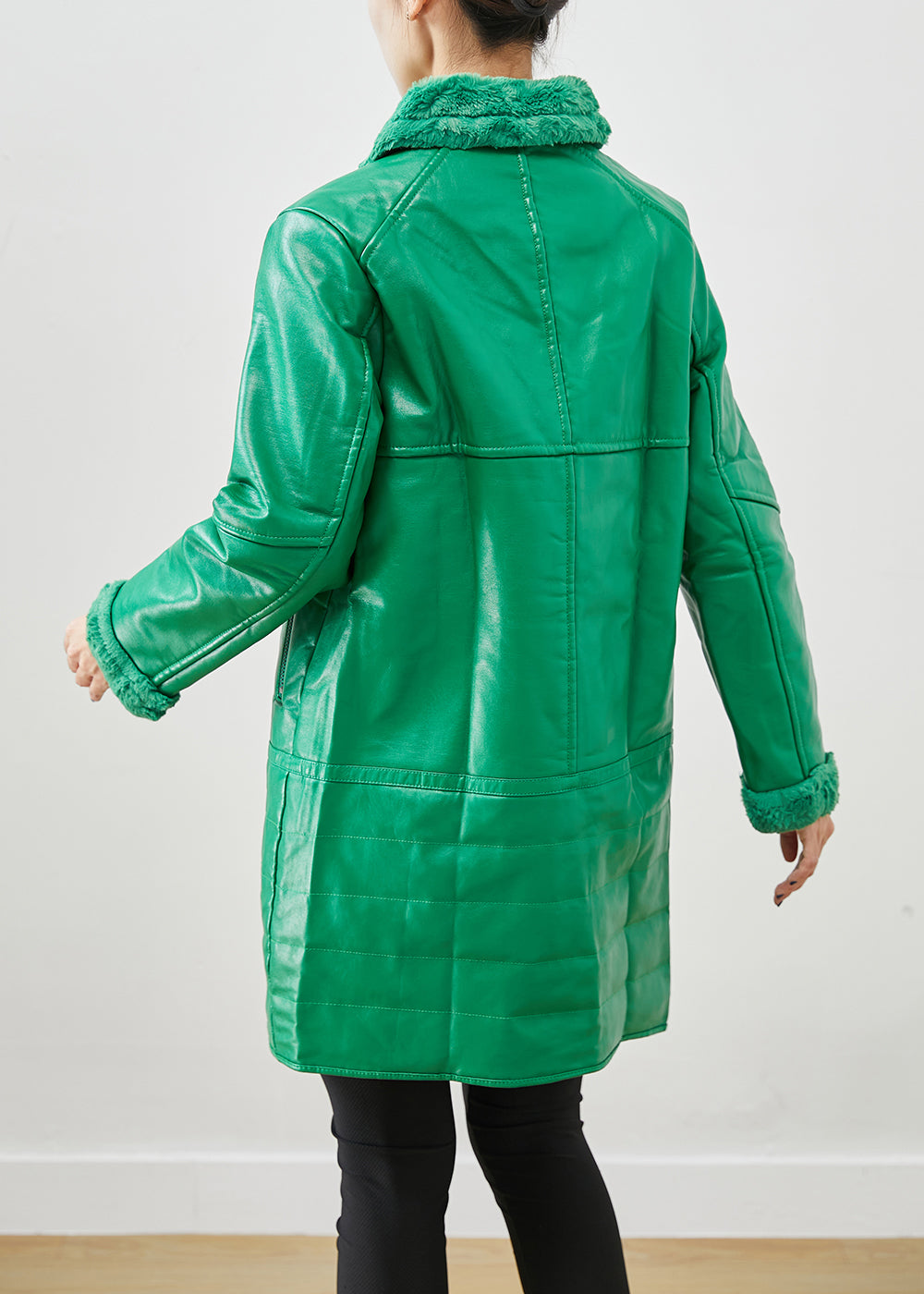 Drune | Grüne Zip-Up Patchwork Entenfedern Kunstledermäntel Winter