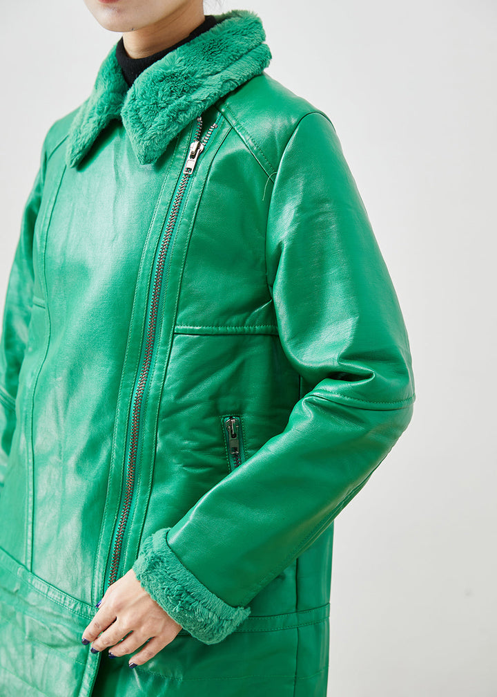 Drune | Grüne Zip-Up Patchwork Entenfedern Kunstledermäntel Winter