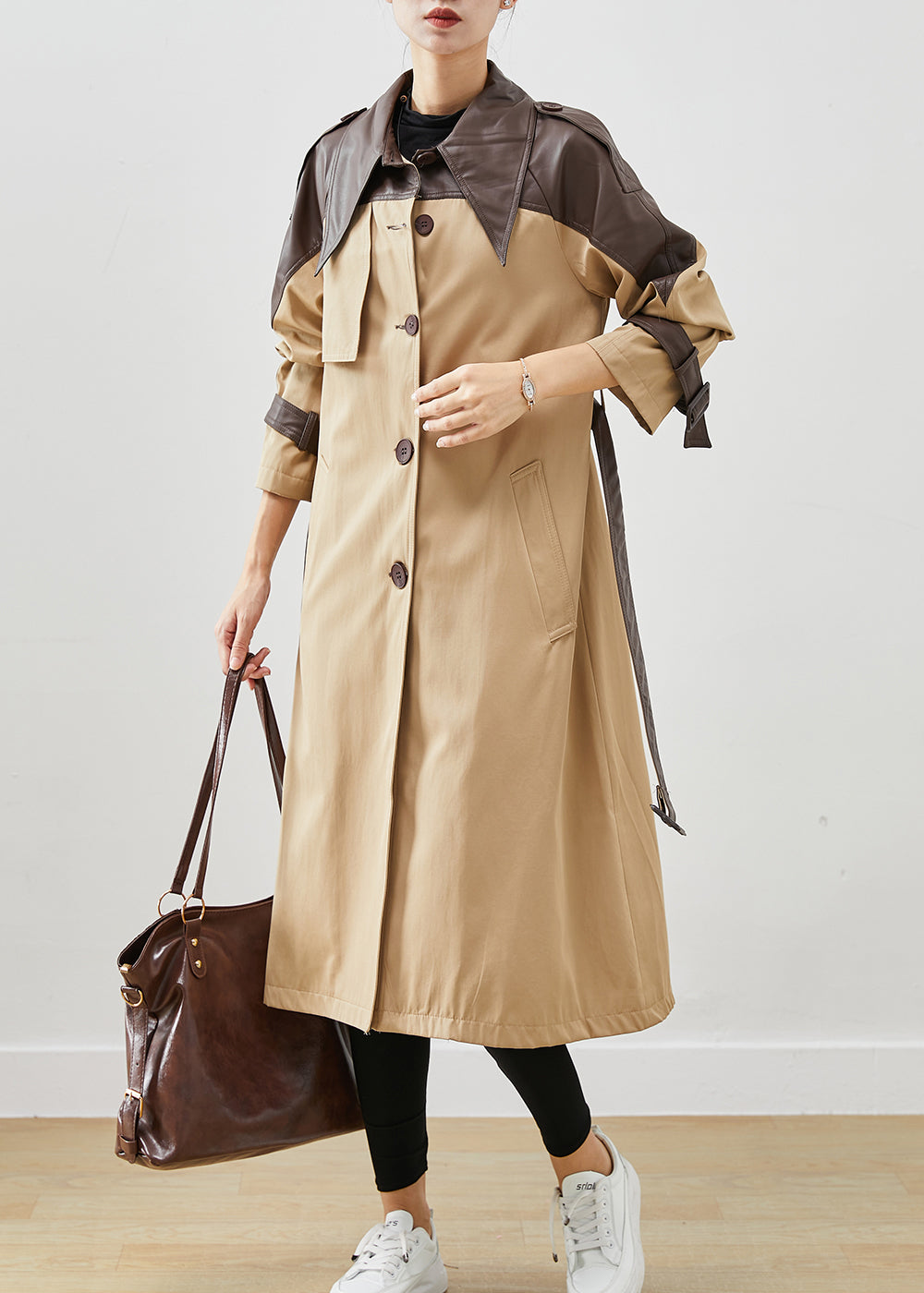 Drune | Khaki Peter Pan Kragen Patchwork Baumwolle Mäntel