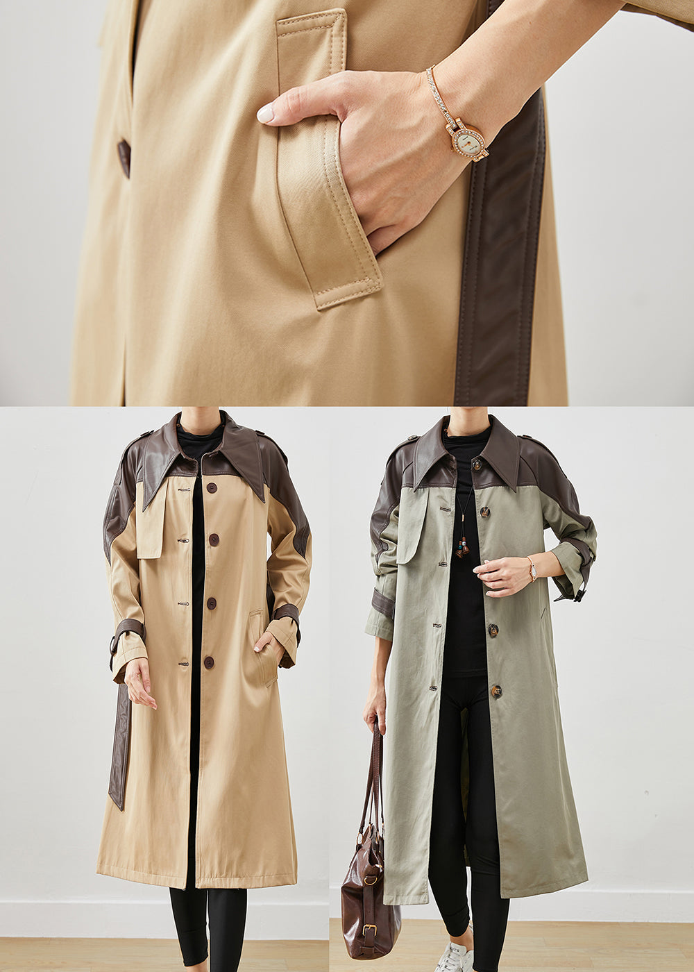 Drune | Khaki Peter Pan Kragen Patchwork Baumwolle Mäntel