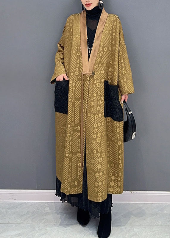Drune | Gelb V-Ausschnitt Print Taschen Lange Trenchcoats Lange Ärmel