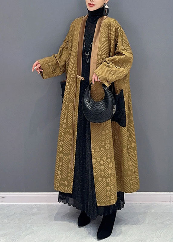 Drune | Gelb V-Ausschnitt Print Taschen Lange Trenchcoats Lange Ärmel