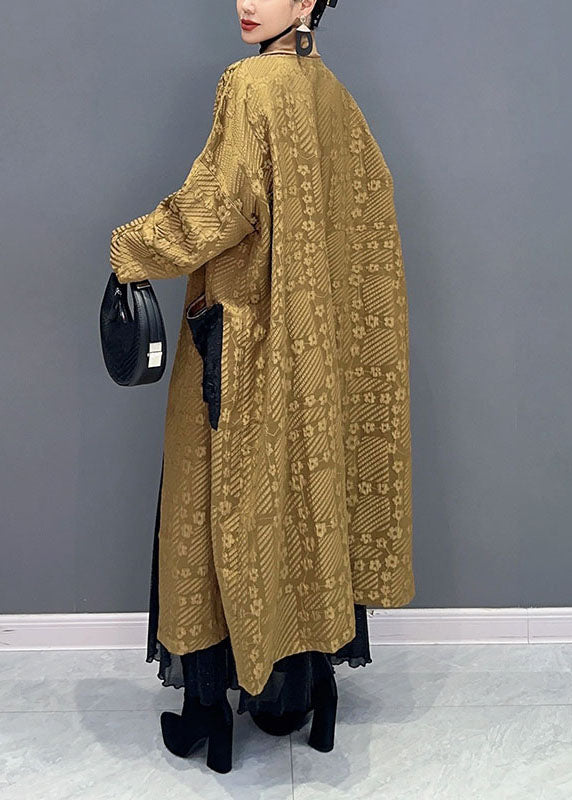 Drune | Gelb V-Ausschnitt Print Taschen Lange Trenchcoats Lange Ärmel