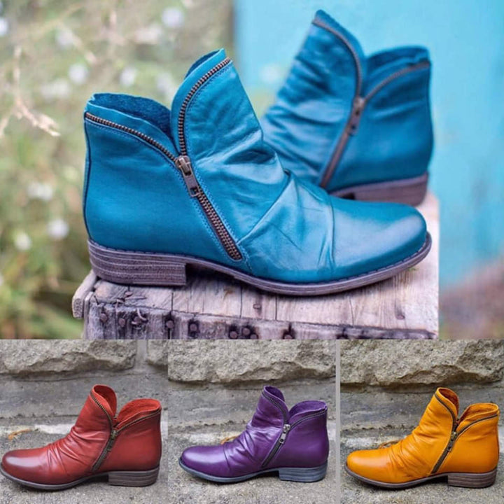 Drune | Stiefeletten - Leder - Runde Spitze - Asymmetrisches Design - Niedriger Absatz - Seitenreißverschluss