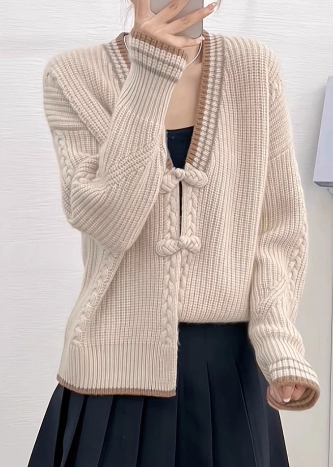 Drune | Aprikosen V-Ausschnitt Knopf Patchwork Strickpullover Mäntel Langarm