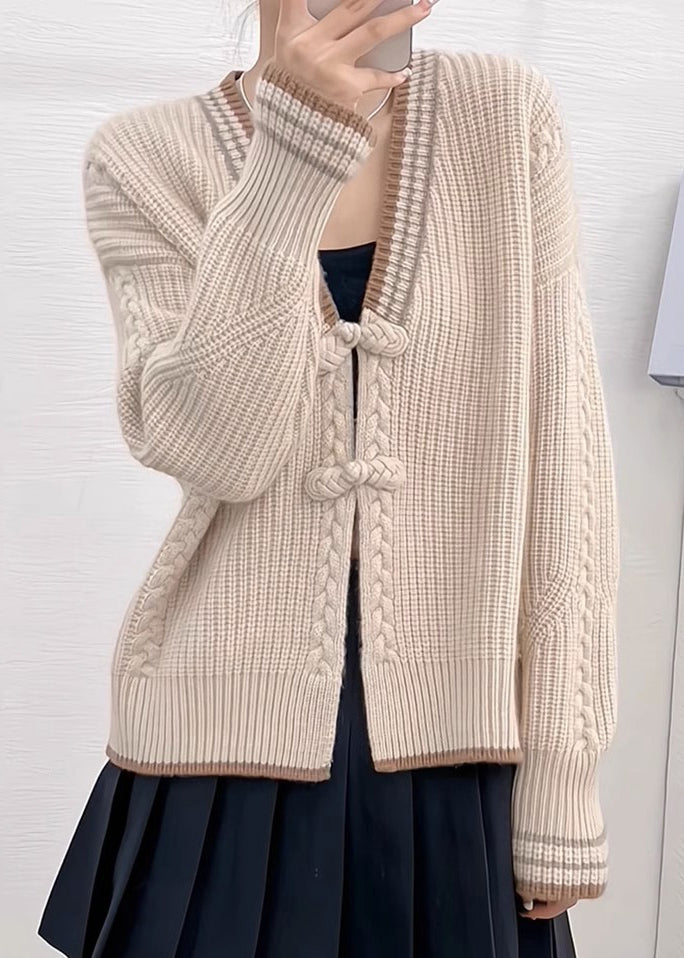 Drune | Aprikosen V-Ausschnitt Knopf Patchwork Strickpullover Mäntel Langarm