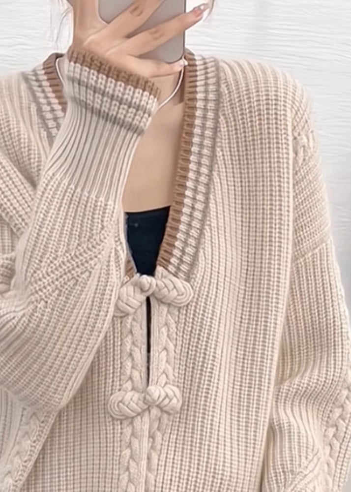 Drune | Aprikosen V-Ausschnitt Knopf Patchwork Strickpullover Mäntel Langarm