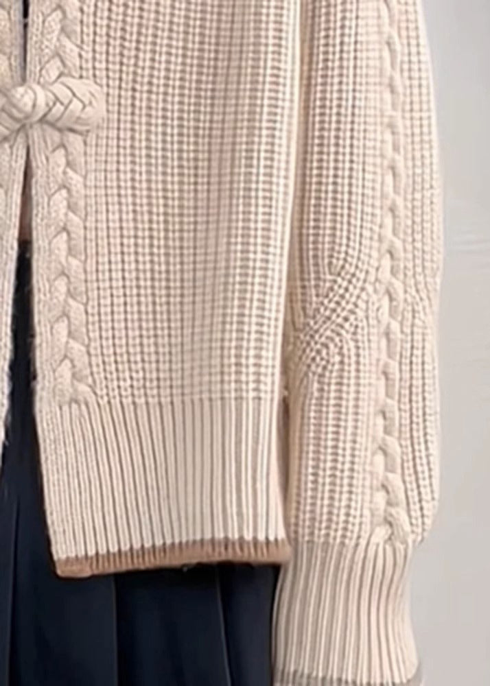 Drune | Aprikosen V-Ausschnitt Knopf Patchwork Strickpullover Mäntel Langarm
