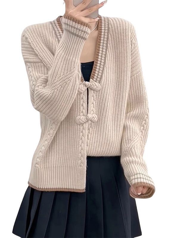 Drune | Aprikosen V-Ausschnitt Knopf Patchwork Strickpullover Mäntel Langarm
