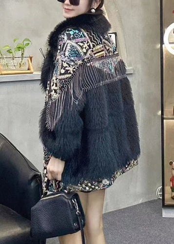 Drune | Schwarze Pelzkragen Quasten Patchwork Flauschige Pelzmäntel Winter