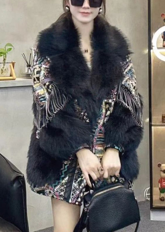 Drune | Schwarze Pelzkragen Quasten Patchwork Flauschige Pelzmäntel Winter