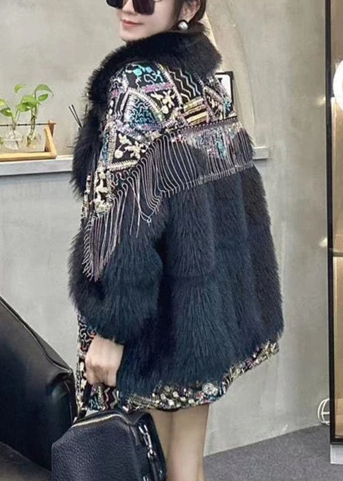 Drune | Schwarze Pelzkragen Quasten Patchwork Flauschige Pelzmäntel Winter