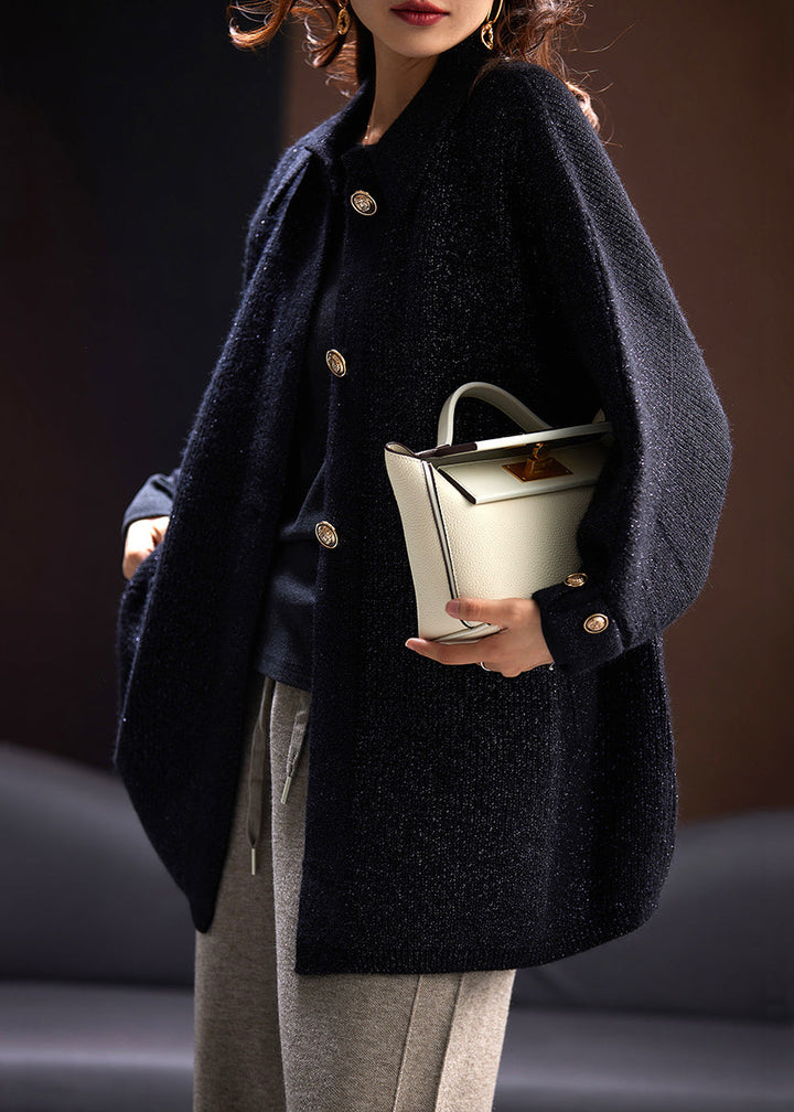 Drune | Schwarze Peter-Pan-Kragen Knopf Taschen Strick Mäntel Lange Ärmel