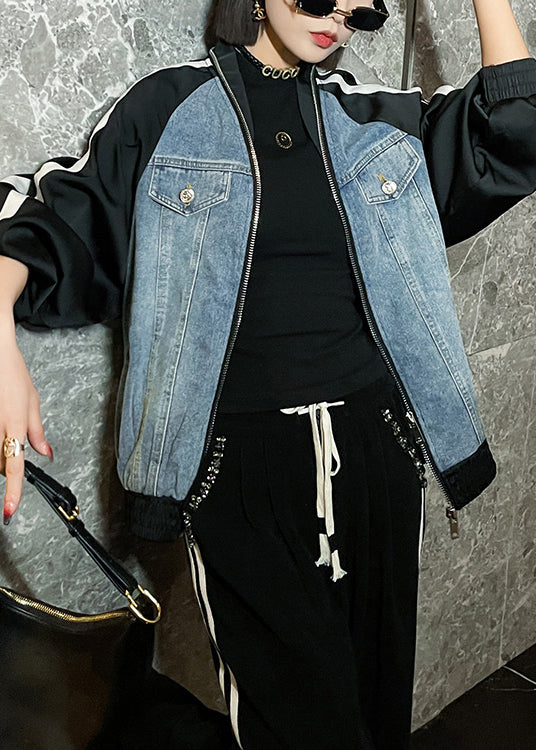 Drune | Blaue Reißverschluss Denim Patchwork Mäntel Lange Ärmel