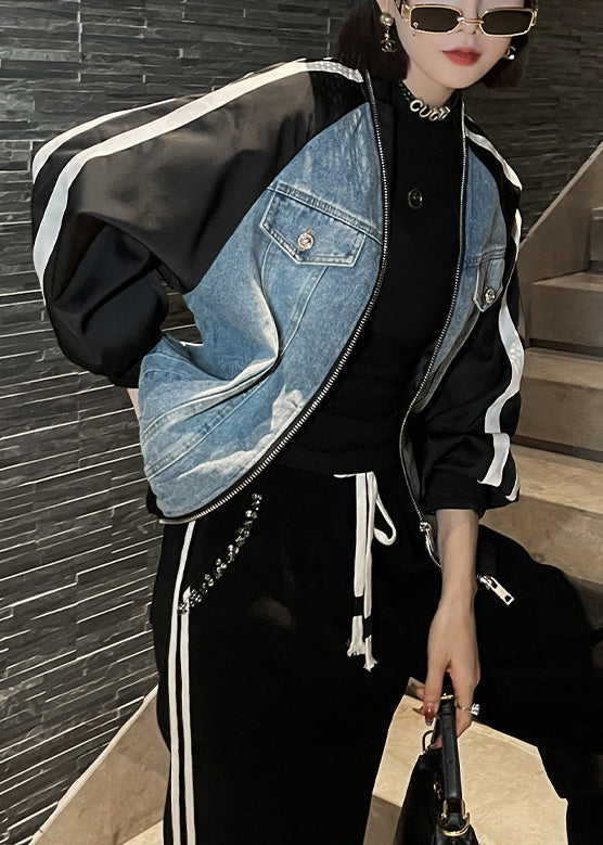 Drune | Blaue Reißverschluss Denim Patchwork Mäntel Lange Ärmel