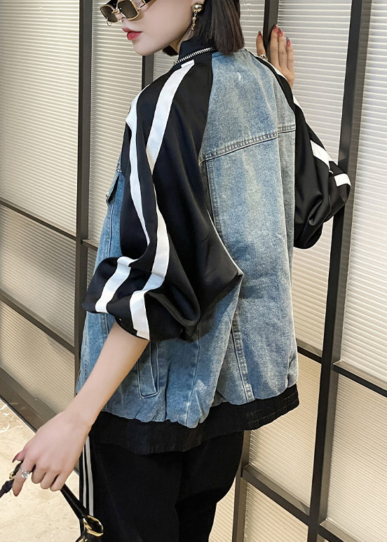 Drune | Blaue Reißverschluss Denim Patchwork Mäntel Lange Ärmel