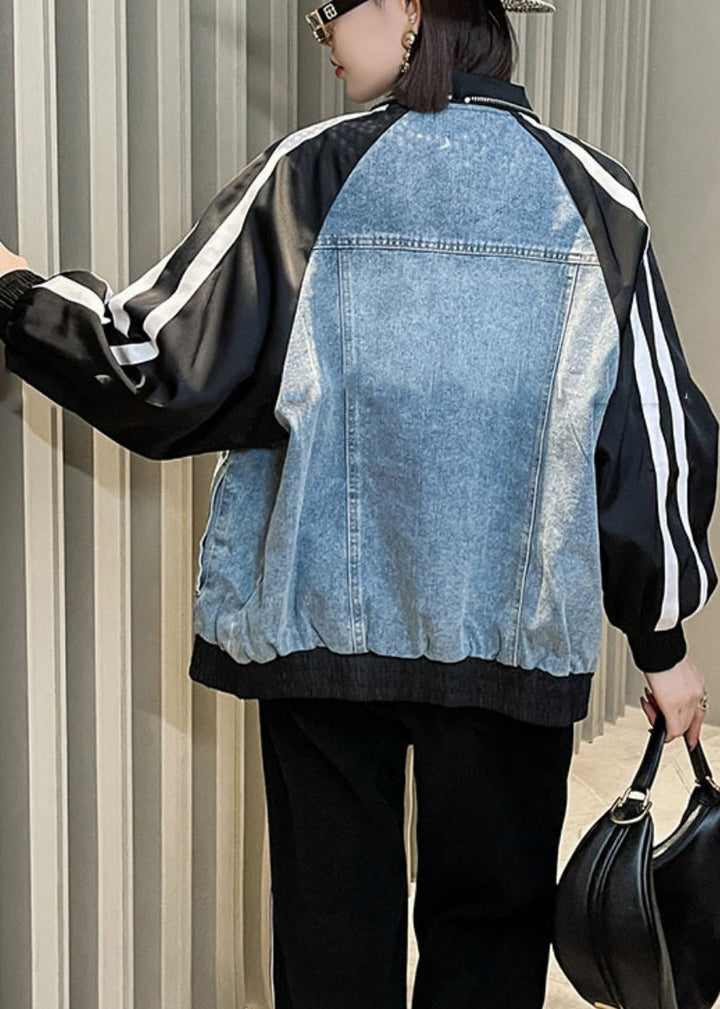 Drune | Blaue Reißverschluss Denim Patchwork Mäntel Lange Ärmel