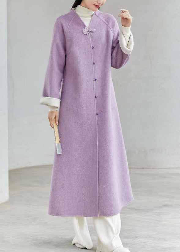 Drune | Chinesischer Stil Lila V-Ausschnitt Knopf Patchwork Lockere Wollmäntel Winter