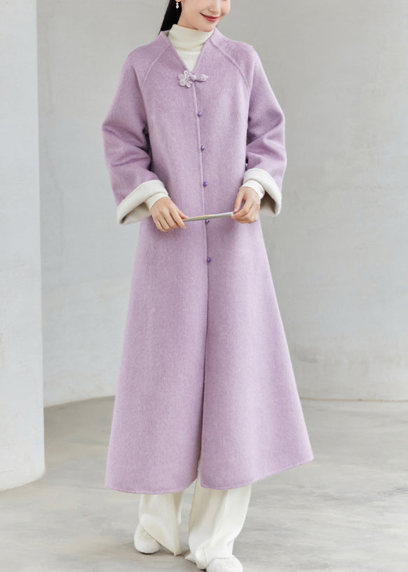 Drune | Chinesischer Stil Lila V-Ausschnitt Knopf Patchwork Lockere Wollmäntel Winter