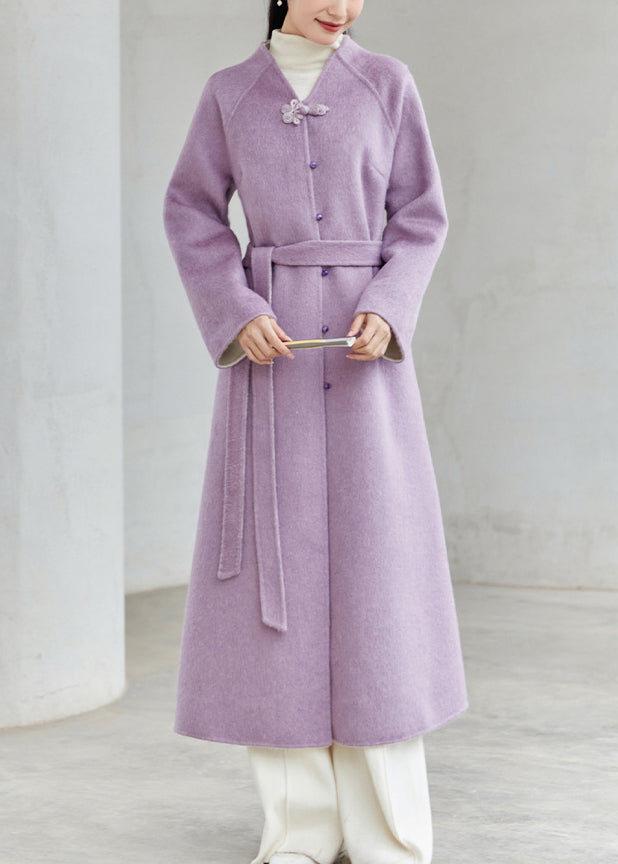 Drune | Chinesischer Stil Lila V-Ausschnitt Knopf Patchwork Lockere Wollmäntel Winter